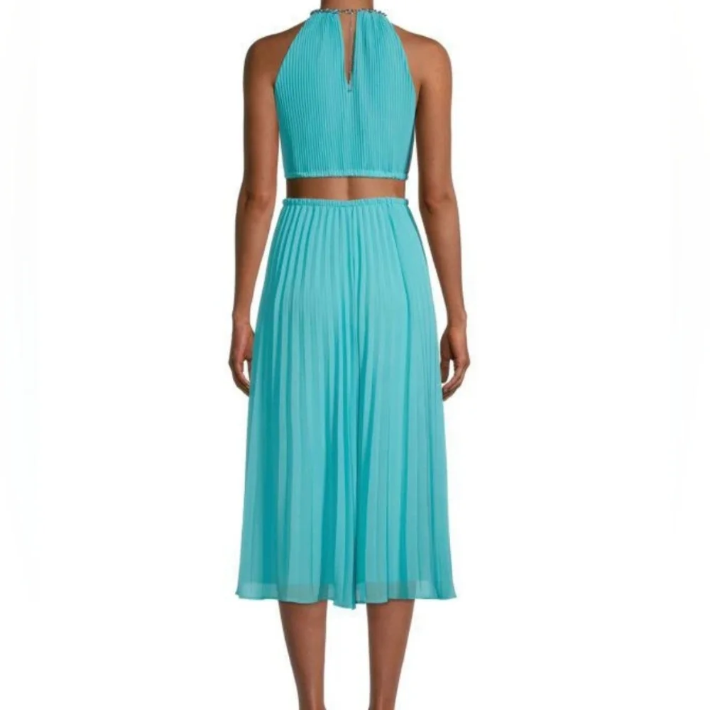 michael kors pleated halter dress Neck Cut-out Midi turquoise Sz M & L… Sleeveless